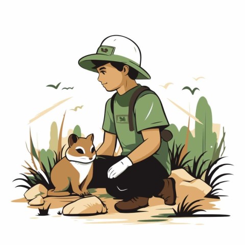 Vector illustration of a man with a dog on a background of natur