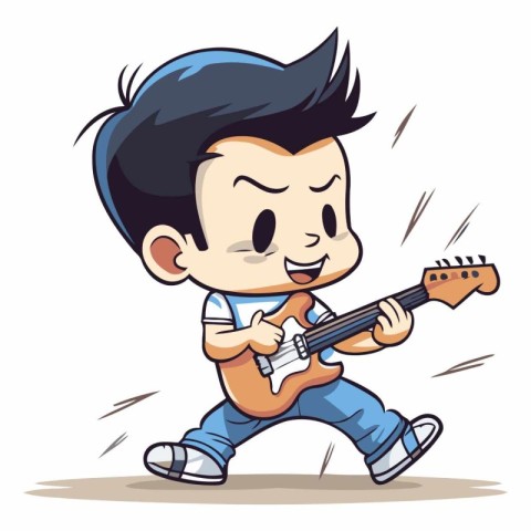 Cartoon boy playing the guitar isolated on white background.