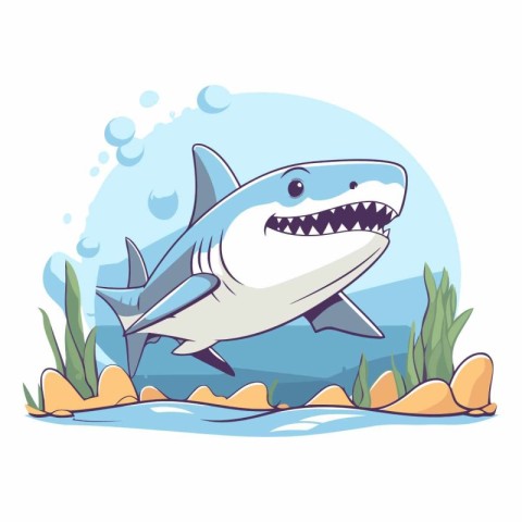 Cute cartoon shark on the seashore.