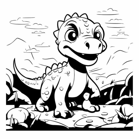 Cute cartoon dinosaur. Black and white vector illustration for c