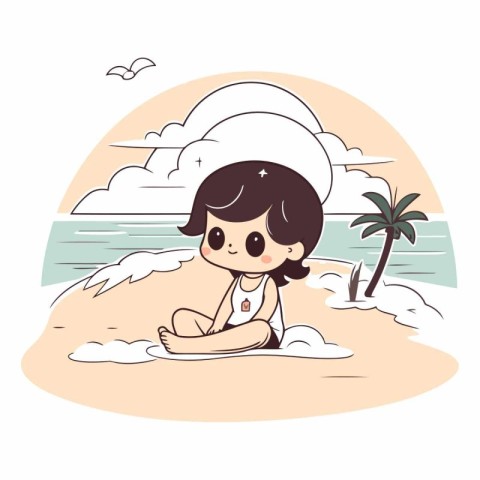 Cute little girl on the beach in cartoon style.