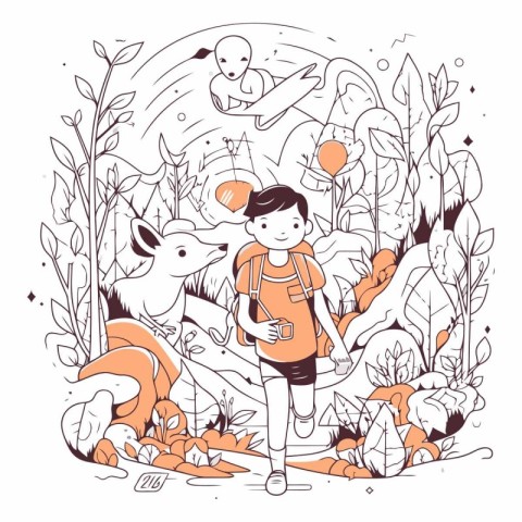 Vector illustration of a boy with a backpack and a dog in the fo