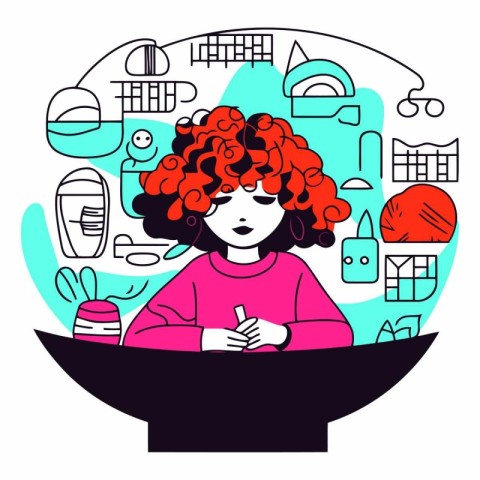 Vector illustration of a girl with red hair in the bathroom. The