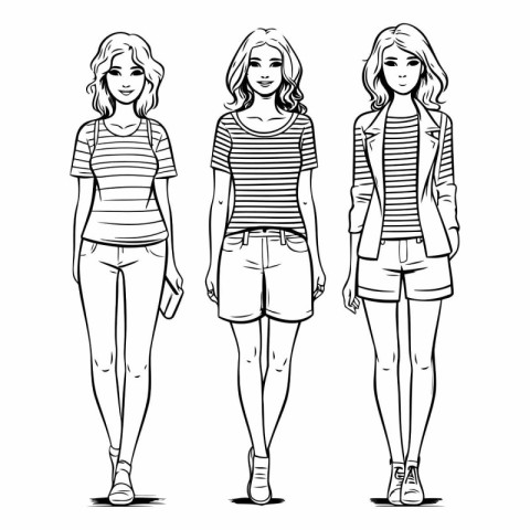 Fashion girls sketch. Girls in casual clothes.