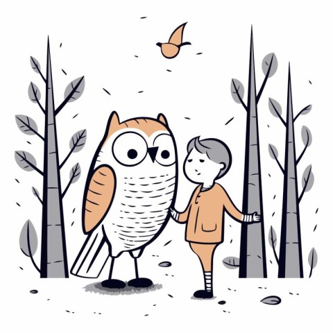 Owl and boy in the forest for your design