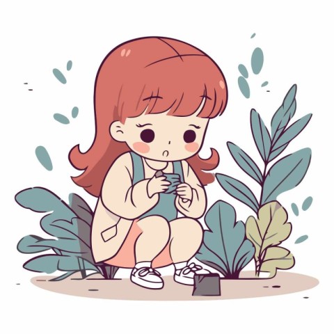 Cute little girl playing in the garden in cartoon style.