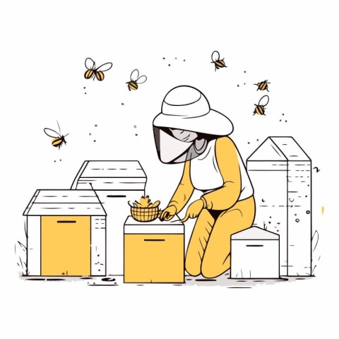 Beekeeper working in apiary of a beekeeper at work.