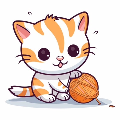 Cute cartoon cat playing with ball of yarn.