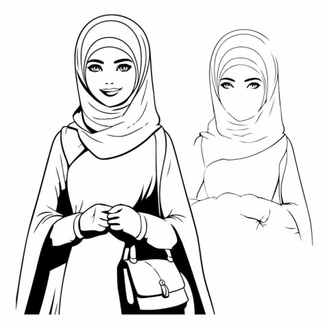 Muslim woman in traditional dress with hijab in black and white.