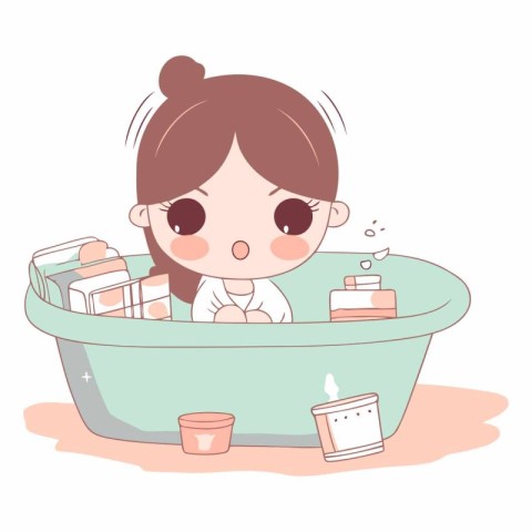 Cute girl in bathtub in cartoon style.