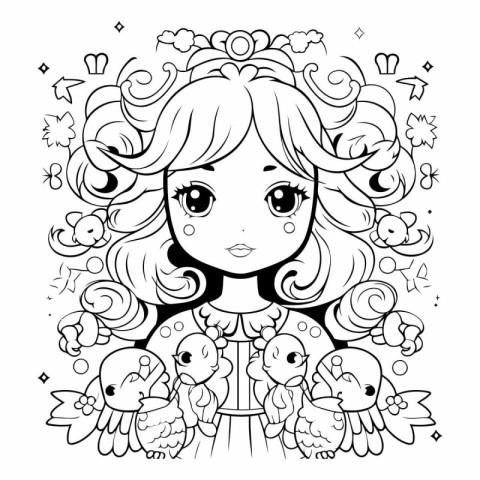 Cute little girl with birds for coloring book.