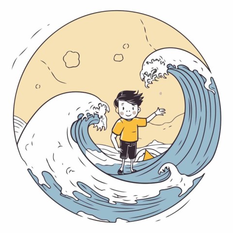 Boy surfing on a wave of a boy on a wave.