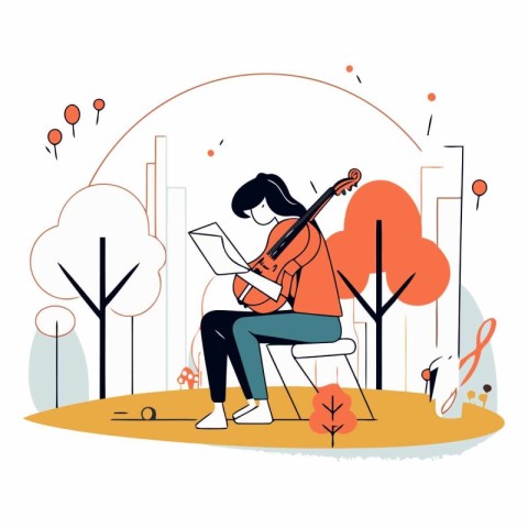 Vector illustration of girl playing the guitar in the park. Flat