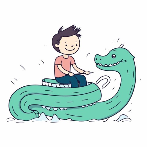 Cute cartoon boy riding an inflatable crocodile.