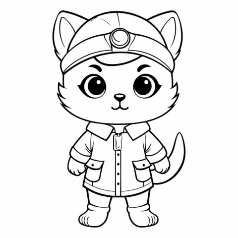 Black and White Cartoon Illustration of Cute Cat Captain Charact