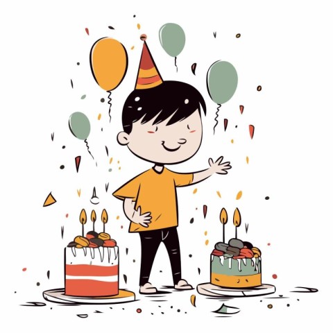 Cute boy celebrating his birthday with cake and balloons