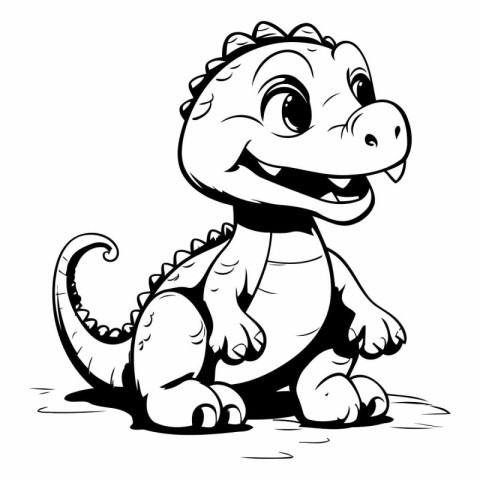 Cute Cartoon Dinosaur - Black and White Cartoon Illustration. Ve