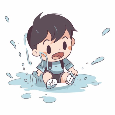 Boy playing in puddle of water. Cute vector illustration.