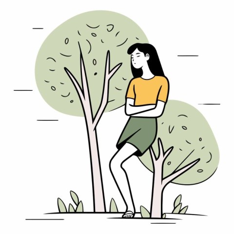 Vector illustration of a young woman standing in the park and th