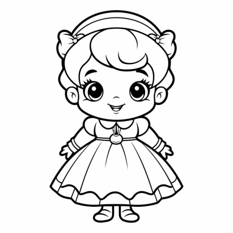 Coloring book of cute girl in princess costume.