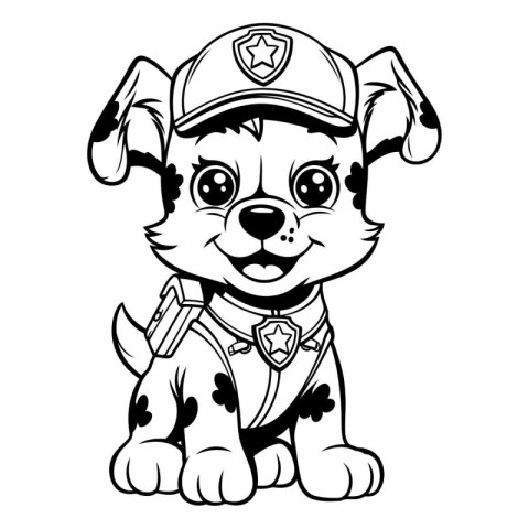 Black and White Cartoon Illustration of Cute Puppy Police Dog Ma