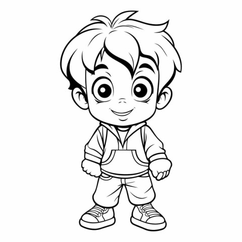 Black And White Cartoon Illustration of Cute Little Boy Characte