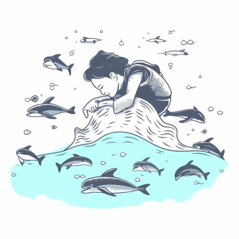 Vector illustration of a man looking at the fish in the ocean.