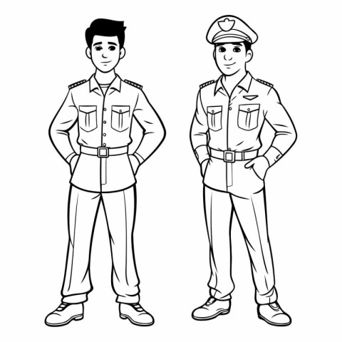 police men avatars cartoon characters black and white vector ill