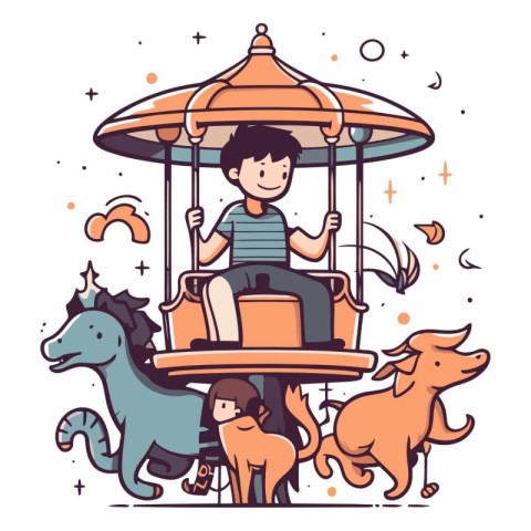 Vector illustration of a boy riding a carousel with a dogs.