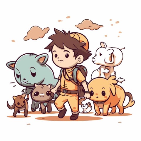 Boy with a backpack and a group of animals.