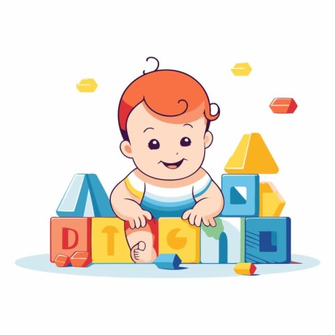 Cute little baby boy playing with toy blocks.