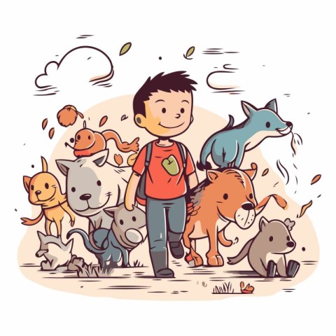 Vector illustration of a boy walking with a group of dogs in the