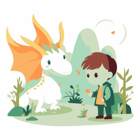 Boy and dragon in the forest in flat style.