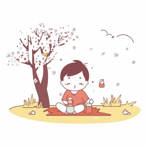 Illustration of a little boy sitting on the grass in the park