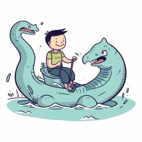 Vector illustration of a boy riding a giant snake in the sea.