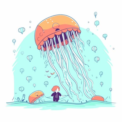 Cartoon vector illustration of a man swimming in a jellyfish.