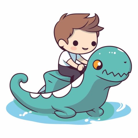 Cute boy riding a dinosaur in the water.