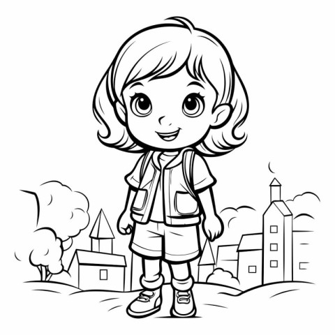 Cute little girl with backpack for coloring book.