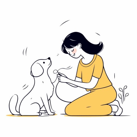 Woman petting her dog. Hand drawn vector illustration in sketch