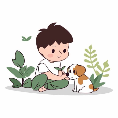 Cute boy playing with dog on white background.