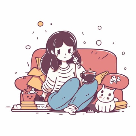 Illustration of a cute girl sitting on the sofa and drinking cof