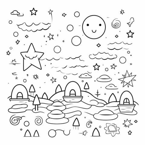 Hand drawn doodle landscape with stars. moon. clouds and sun