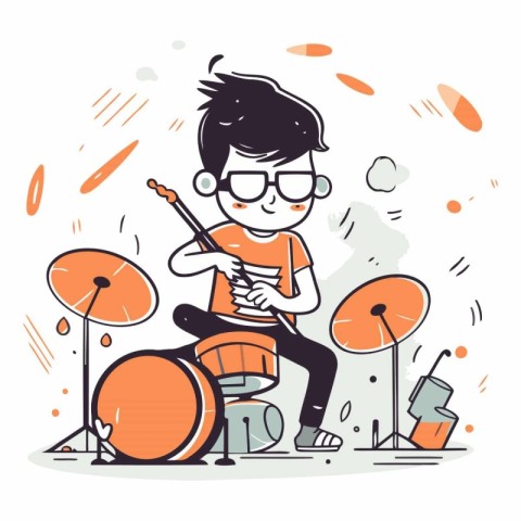 Cute boy playing drum set in cartoon style.