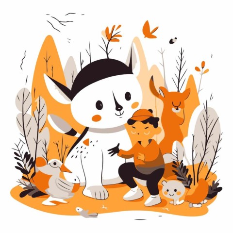 Little boy playing with dog and cat in autumn forest.