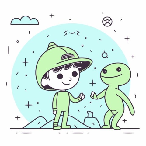 Astronaut and alien in flat linear style.