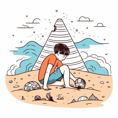 Child playing on the beach in doodle style