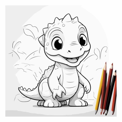 Cute baby dinosaur with pencils on a white background