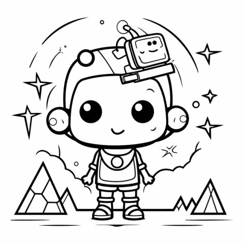 Black and White Cartoon Illustration of Cute Little Boy Astronau