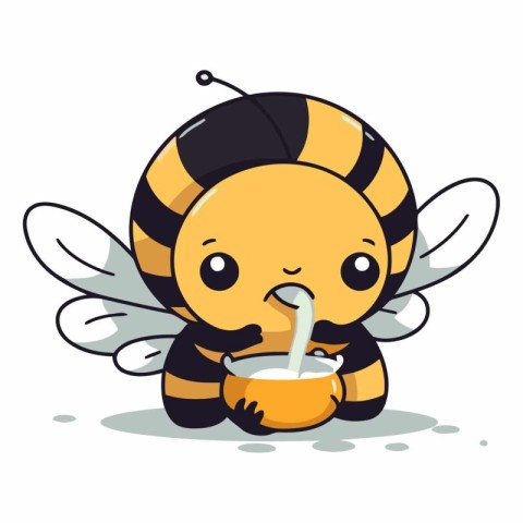 Cute cartoon bee drinking milk from a bowl.