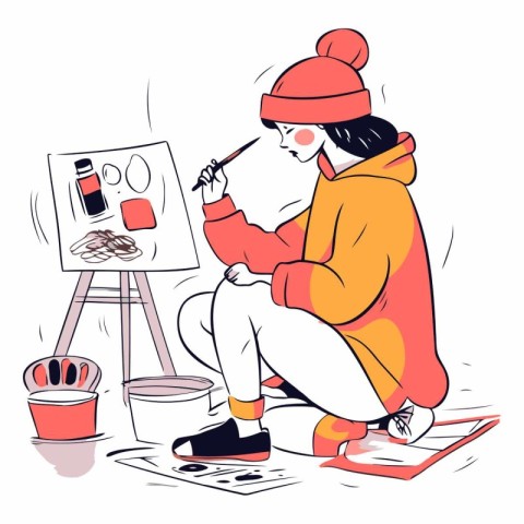 Vector illustration of a young woman painting a picture in the s